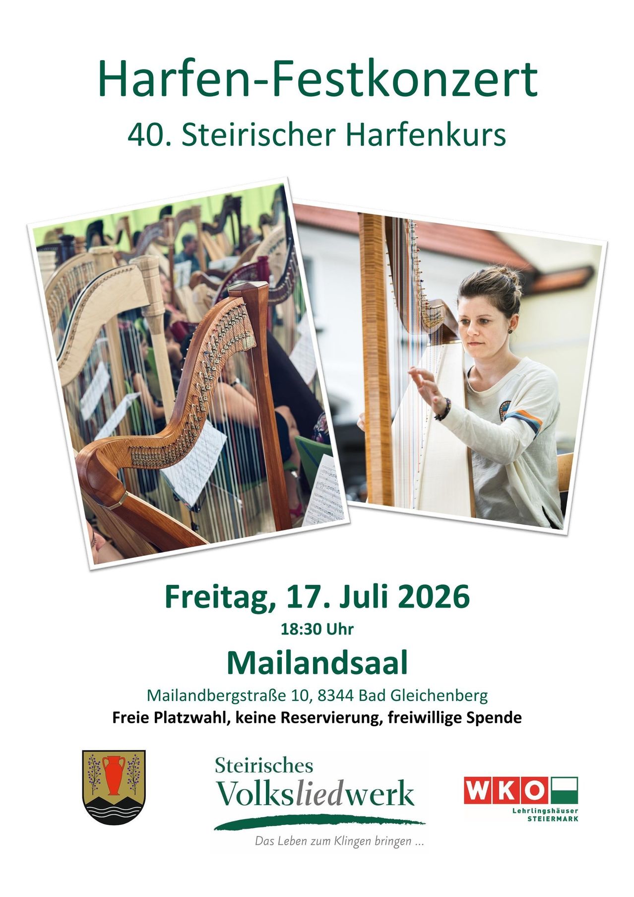 Poster for the 40th Styrian Harp Course on July 17, 2026. Features a woman playing a harp with text about the event's date, time, and location.