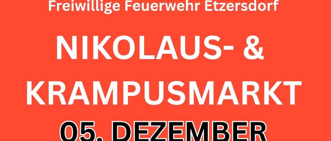 Plakat für Nikolaus- und Krampusmarkt am 5. Dezember. Beginn um 16:30 Uhr im Rusthaus. Für das liebe Wohl ist gesorgt. Zeichnungen von Nikolaus und Krampus mit Text.