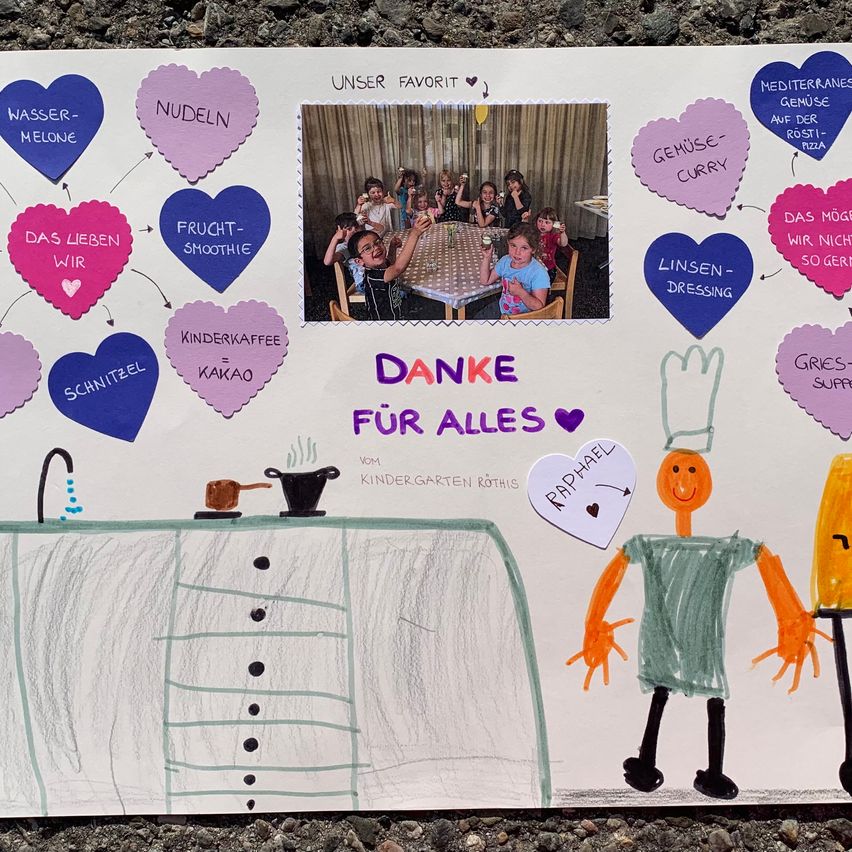 Ein handgezeichnetes Poster zeigt Raphaels Dankbarkeit gegenüber dem Kindergarten mit einem Foto von Kindern bei einer Mahlzeit. Es zeigt verschiedene Lebensmittel wie Wassermelone, Nudeln und Smoothies, wobei Raphaels Herz über dem Titel 'Danke für alles' (Danke für alles) steht.