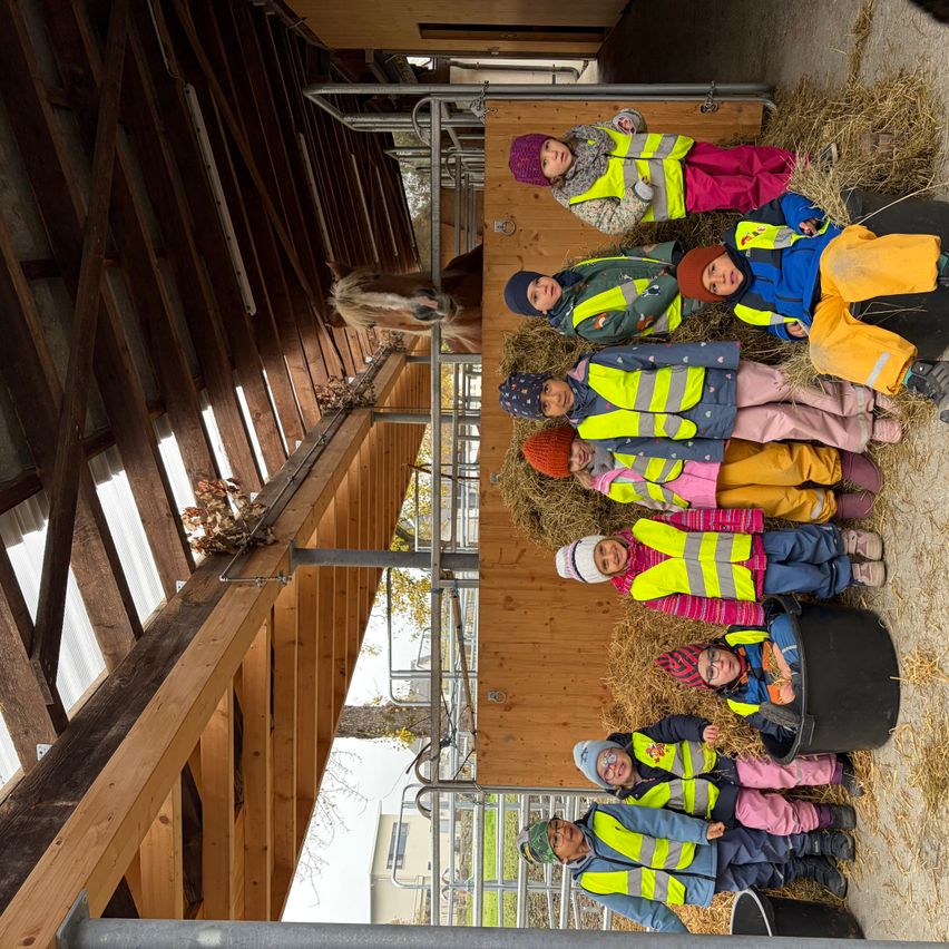 Eine Gruppe von Kindern in leuchtenden Jacken steht in einer Scheune und posiert für ein Foto mit einem Pferd darüber.