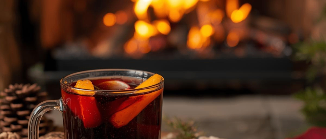 Ein Glas heißer Glühwein mit Orangen, vor einem Kamin mit warmem Schein, umgeben von Tannenzapfen und Ornamenten.
