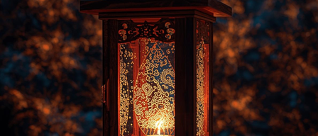 Eine Laterne mit aufwendigen Mustern ist beleuchtet und strahlt ein warmes Licht aus. Sie steht auf einer dunklen Oberfläche, mit einem verschwommenen Hintergrund von Bäumen.