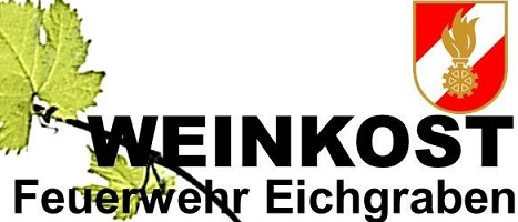 Logo mit einem Blatt und dem Text 'WEINKOST der Feuerwehr Eichgraben'. Ein goldenes Emblem mit einer Flamme ist in der oberen rechten Ecke.
