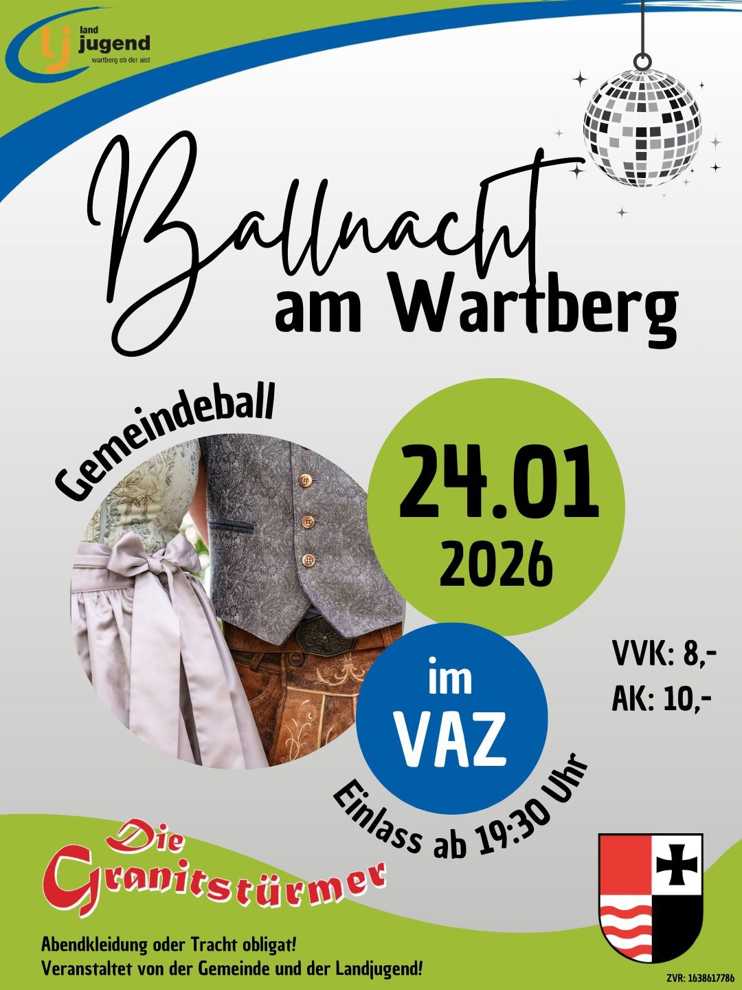 A poster announces a community ball event on January 24, 2026. It features a couple in traditional attire with a disco ball above. The venue is VVk, opening at 8 PM, and AK at 10 PM. The event ends at 19:30 PM.