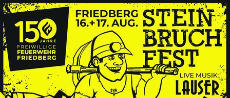 Plakat für Friedberg Street Brew Fest, das am 16. und 17. August stattfindet. Es zeigt einen karikaturistischer Bergmann, der lächelt, mit einem Bierkrug auf der Schulter.