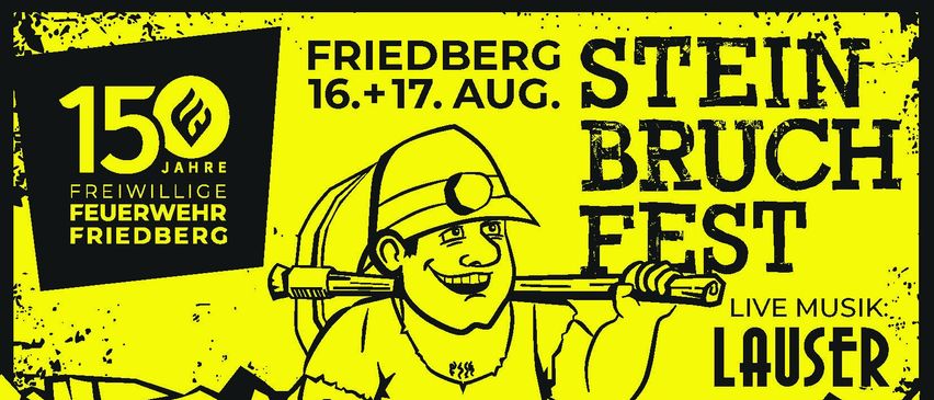 Plakat für Friedberg Street Brew Fest, das am 16. und 17. August stattfindet. Es zeigt einen karikaturistischer Bergmann, der lächelt, mit einem Bierkrug auf der Schulter.