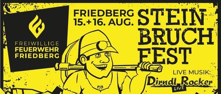 Eine Illustration eines Arbeiters, der einen Balken trägt, mit dem Text 'Friedberg Ste. Bru. Fest' auf gelbem Hintergrund, Veranstaltungsdatum 15. und 16. August, mit einer Live-Band 'Dirndl Live'.