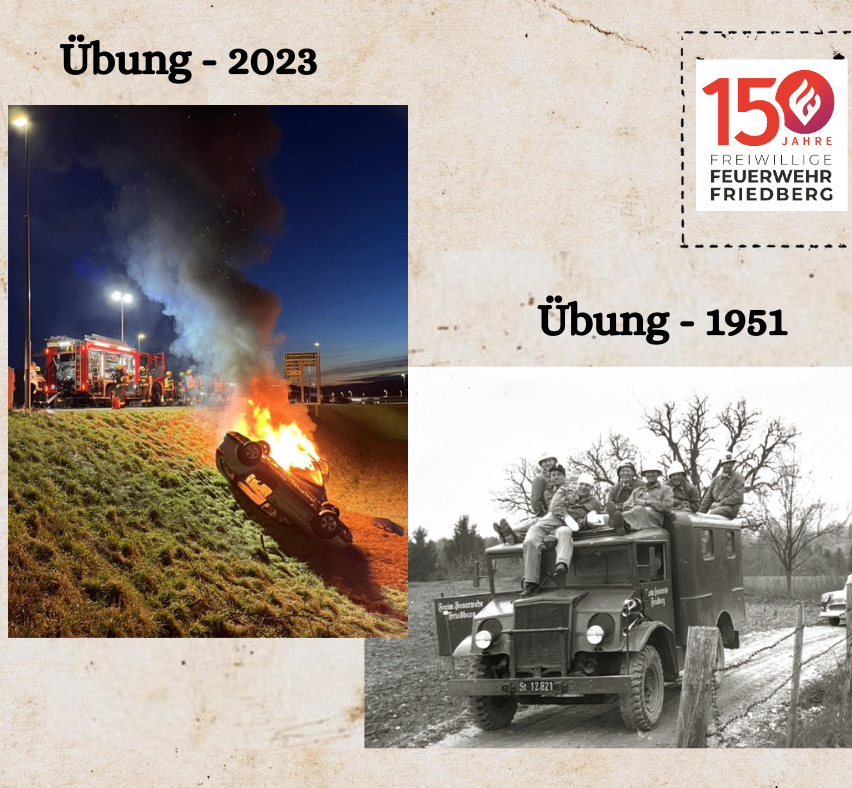 Ein Vergleich zweier Feuerwehreinsätze. Links ein moderner Fahrzeugbrand mit anwesender Rettungsmannschaft. Rechts eine historische Szene von 1951 mit Feuerwehrleuten auf einem Lastwagen.