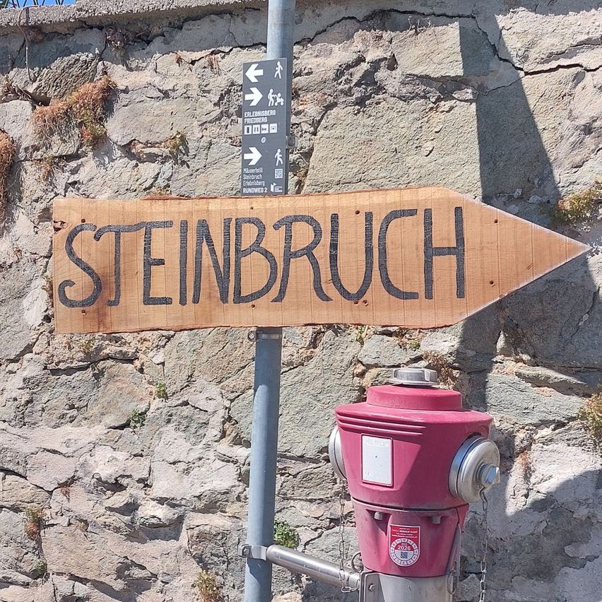 A wooden sign with the word Steinbruch written in black is attached to a metal pole near a red fire hydrant. Behind the sign is a stone wall.