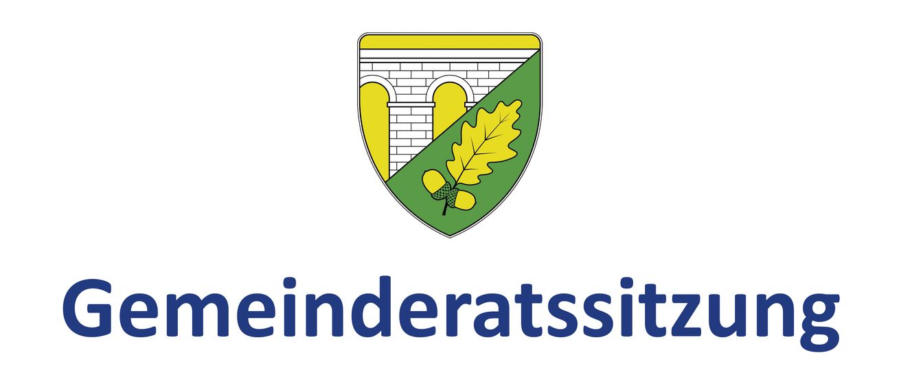 Ein Wappen mit einem gelben und grünen Schild, das einen Ziegelbogen und ein Eichenblatt mit Eicheln zeigt. Darunter steht der Name 'Reinderatssitz' in Blau geschrieben.