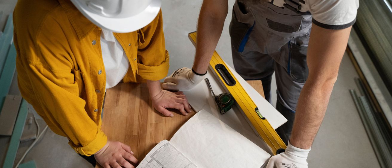 Zwei Männer in Arbeitskleidung, einer in einer gelben Jacke und einem Schutzhelm, der andere in einer Latzhose, untersuchen eine Bauzeichnung auf einem Holztisch. Sie verwenden Werkzeuge und Messinstrumente.