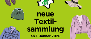 Plakat für neue Textilsammlung ab 1. Januar 2026. Kostenlose Kartons erhältlich im Rathaus und Wertstoffzentrum. Abgabe nur am Wertstoffzentrum zu Öffnungszeiten mit Personal.