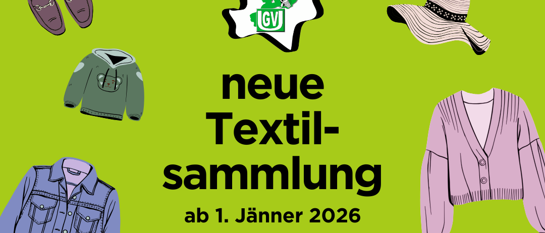 Plakat für neue Textilsammlung ab 1. Januar 2026. Kostenlose Kartons erhältlich im Rathaus und Wertstoffzentrum. Abgabe nur am Wertstoffzentrum zu Öffnungszeiten mit Personal.