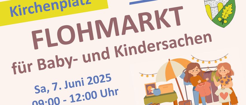 Ein Plakat für einen Spielzeug- und Kinderbekleidungsmarkt mit gelbem Hintergrund, einem gelben Quadrat mit dem Wort 'platz', einer blauen Linie und einer Karikatur eines Tisches mit darauf liegenden Gegenständen.