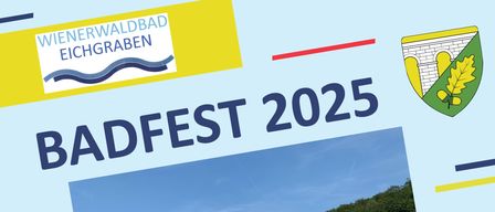 Ein Freiluft-Pool-Event mit vielen schwimmenden Menschen, einer Brücke und einem Logo für 'Badfest 2023'. Datum: Samstag, 30. August. Zeit: Ab 14:00 Uhr. Aktivitäten umfassen Stand-Up-Paddling und Luftmatratzen. Das Event endet um 22:00 Uhr.