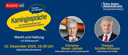 Ein Plakat für eine Veranstaltung mit Christine Bauer-Jelinek und Theo Schäfer. Die Veranstaltung findet am 25. Februar 2025 um 19.00 Uhr in der Bruckmeierei statt. Fotos von Ursula Röcek und zvg Thomas Schäfer-Elmayr.