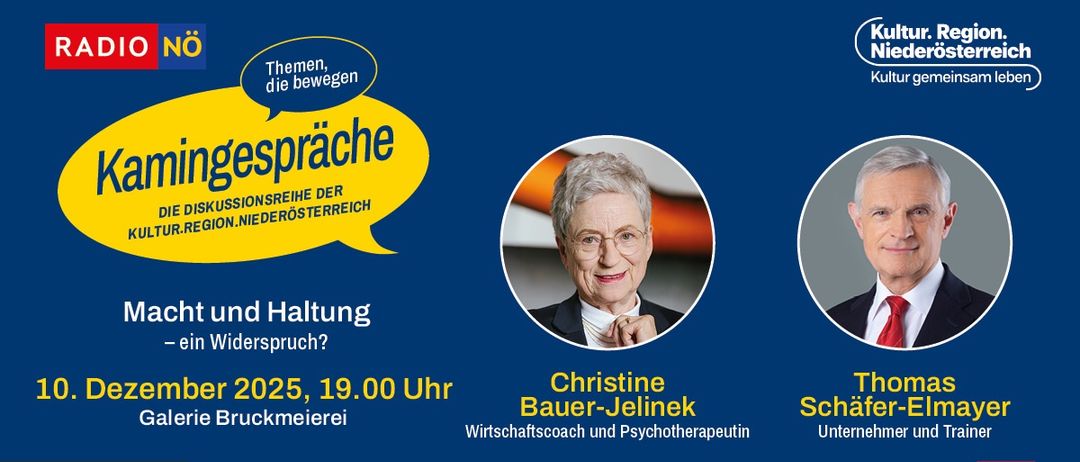 Ein Plakat für eine Veranstaltung mit Christine Bauer-Jelinek und Theo Schäfer. Die Veranstaltung findet am 25. Februar 2025 um 19.00 Uhr in der Bruckmeierei statt. Fotos von Ursula Röcek und zvg Thomas Schäfer-Elmayr.