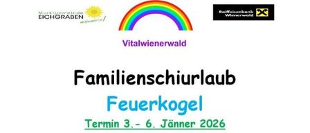 Ankündigung für einen Familien-Schiiurlaub mit Feuerwerk vom 3. bis 6. Jänner 2026. Gelegen auf 1700 m Seehöhe mit Blick auf den Traunsee. Kinder-Schiikurse für Fortgeschrittene ab 7 Jahren, Perfektionskurs, Schneeschuhwanderung usw. Kurszeiten jeweils von 9.30 - 11.45 und 13.30 - 15.30 Uhr. Kursgebühr 25 € pro Kind und Tag. Unterkünfte umfassen Doppelzimmer, Familienzimmer und Mehrbettzimmer zu 75 € pro Tag inkl. HP. Kinder von 5 - 15 Jahren 45 € pro Tag inkl. HP. Zahlung erfolgt direkt bei den Hüttenbetreibern. Mitglieder der Naturfreunde Österreich erhalten 15% Ermäßigung. Gruppenpreise möglich. Anmeldung sofort möglich und weitere Infos bei Kursleiter Christian Kohler.