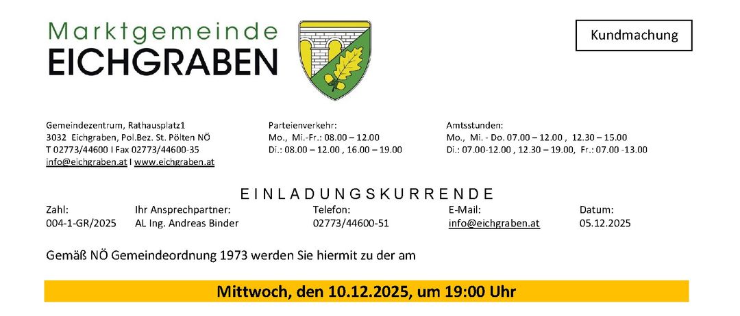Amtliche Einladung zur Gemeinderatssitzung in Eichgraben, Deutschland, am 10. Dezember 2025 um 19:00 Uhr. Die Sitzung umfasst die Beratung des Sitzungsprotokolls, Prüfungspläne, Finanzpläne, Schulbeiträge und Friedhofsbauvorhaben.