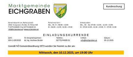 Amtliche Einladung zur Gemeinderatssitzung in Eichgraben, Deutschland, am 10. Dezember 2025 um 19:00 Uhr. Die Sitzung umfasst die Beratung des Sitzungsprotokolls, Prüfungspläne, Finanzpläne, Schulbeiträge und Friedhofsbauvorhaben.