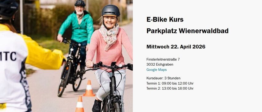 Zwei Personen fahren auf der Straße mit Fahrrädern. Eine Frau in Pink lächelt, während ein Mann in Grün einen Helm trägt. E-Bike-Kurs, Parkplatz Wienerwald. Mittwoch, 22. April 2026. Dauer 3 Stunden. Termin 1: 09:00 bis 12:00 Uhr. Termin 2: 13:00 bis 16:00 Uhr.