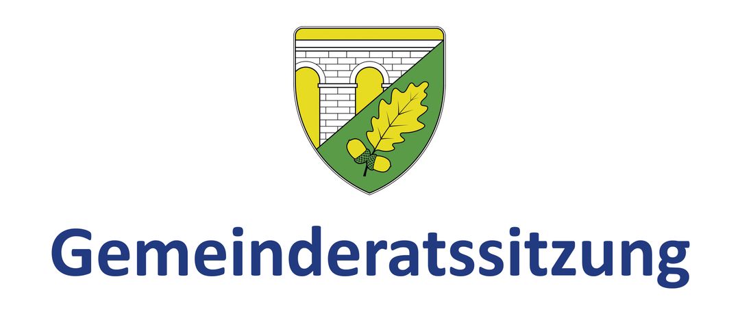 Das Wappen zeigt eine Ziegelbogenbrücke mit einem grünen und gelben Hintergrund, mit einem Eichenblatt und einer Eichel. Unter dem Schild steht das Wort 'einderseits' in Blau geschrieben.
