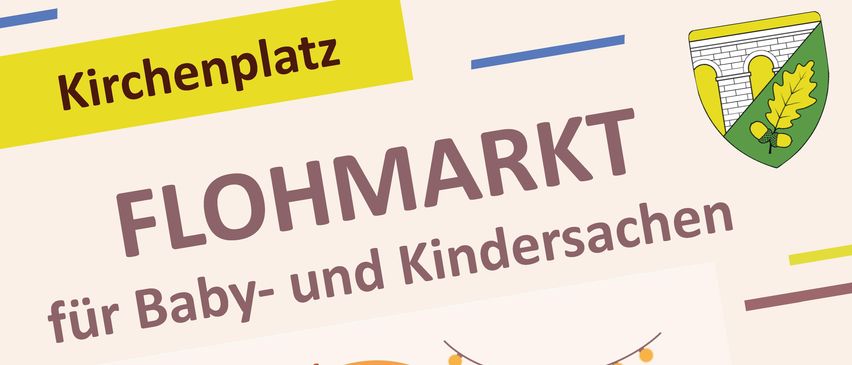 Werbung für einen Flohmarkt am 30. Mai 2026 von 9:00 bis 12:00 Uhr. Es zeigt zwei Mädchen, die unter einem Regenschirm Artikel durchstöbern.
