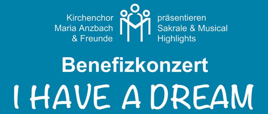 Plakat für ein Benefizkonzert mit Kindern, die Ballons halten, mit dem Slogan 'Ich habe einen Traum'. Das Event findet am 9. Mai 2026 um 19 Uhr in Eichgraben statt.