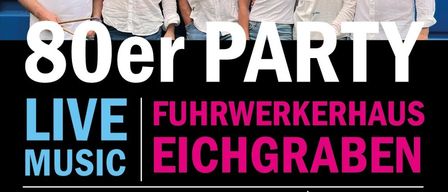 Plakat für eine 80er-Party mit Live-Musik, mit Menschen in weißen Shirts. Datum: 9. Mai 2026, 19:30 Uhr. Dresscode 80er. Eintritt: 10€. Essen und Getränke verfügbar.