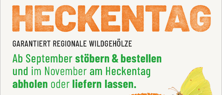 Eine Werbung für regionale Wildwälder. Der Text lautet: 'Im September stöbern und bestellen im November am Hecktag, oder liefern lassen.' Es gibt eine Website-Adresse: Hecktag.at. Es gibt ein grünes Logo mit dem Buchstaben V.