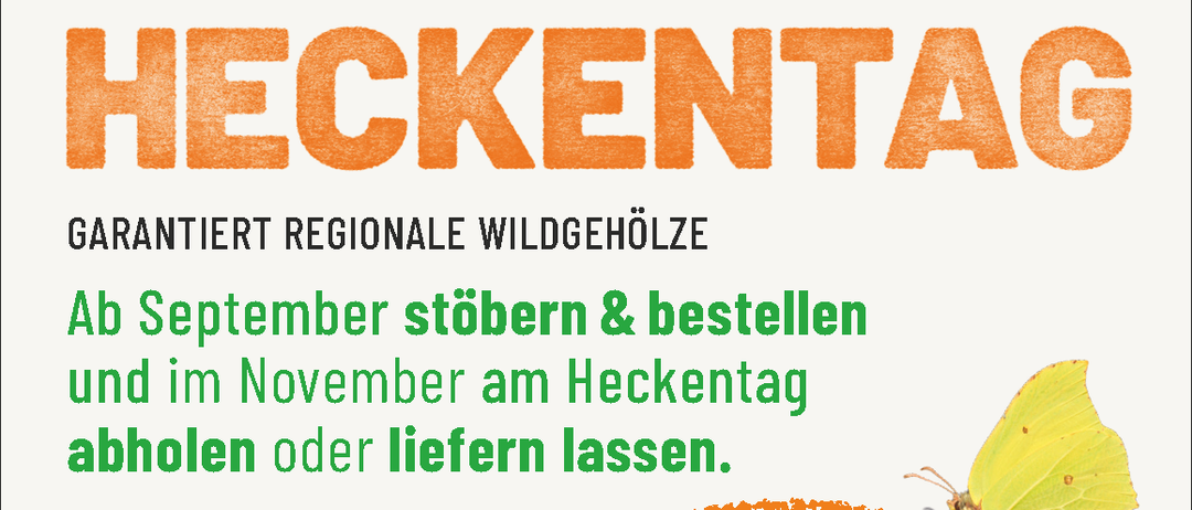 Eine Werbung für regionale Wildwälder. Der Text lautet: 'Im September stöbern und bestellen im November am Hecktag, oder liefern lassen.' Es gibt eine Website-Adresse: Hecktag.at. Es gibt ein grünes Logo mit dem Buchstaben V.