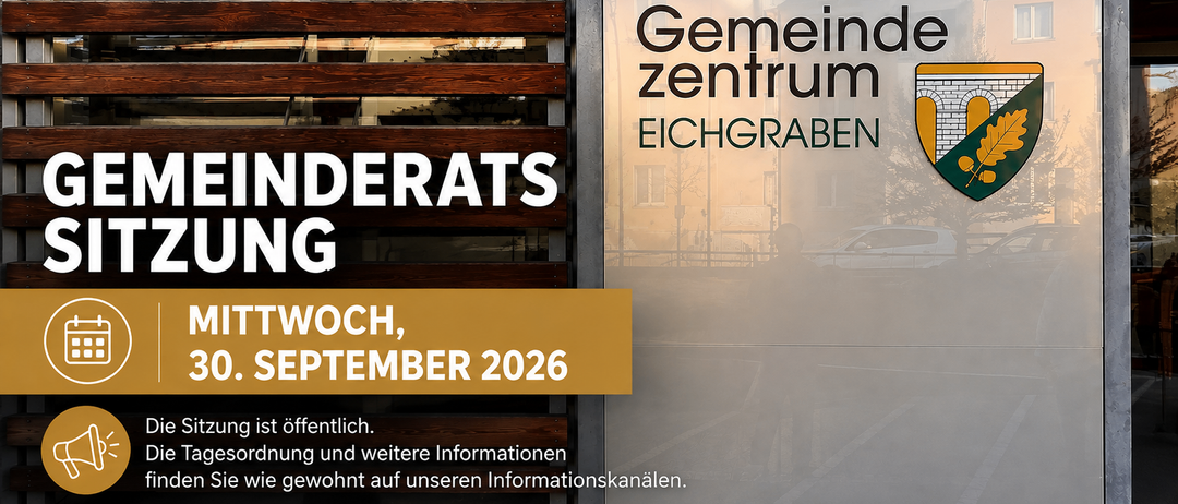 Ein Plakat für Gemeindezentrum Eichgraben bewirbt eine Veranstaltung am Mittwoch, September 2026. Das Plakat ist an einer Holzwand befestigt.