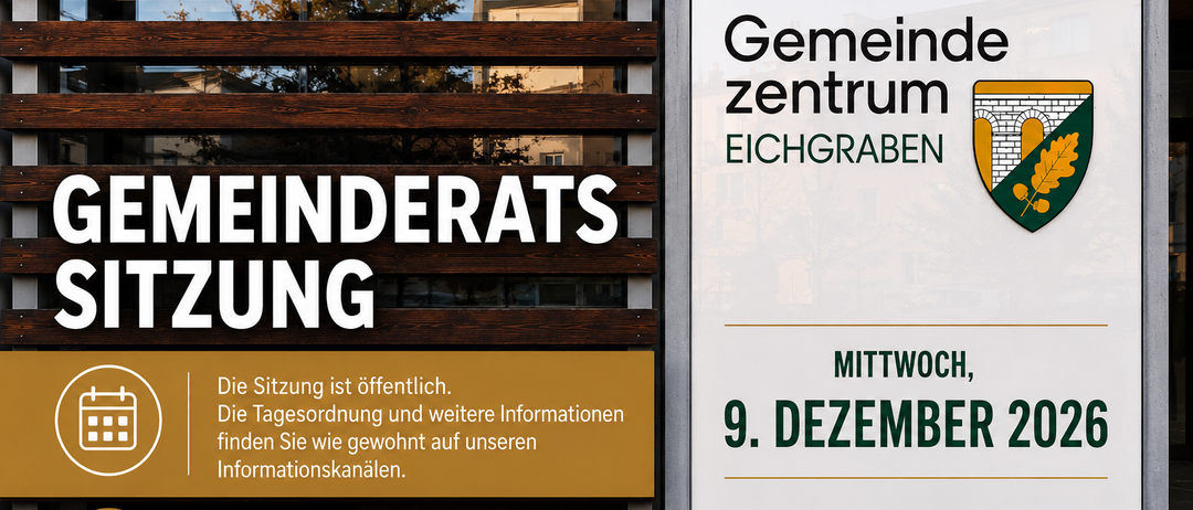 Ein Schild für Gemeindezentrum Eichgraben mit einer Ankündigung für eine öffentliche Sitzung am Mittwoch, 9. Dezember. Das Schild hat einen Holzrahmen und Glasscheiben.