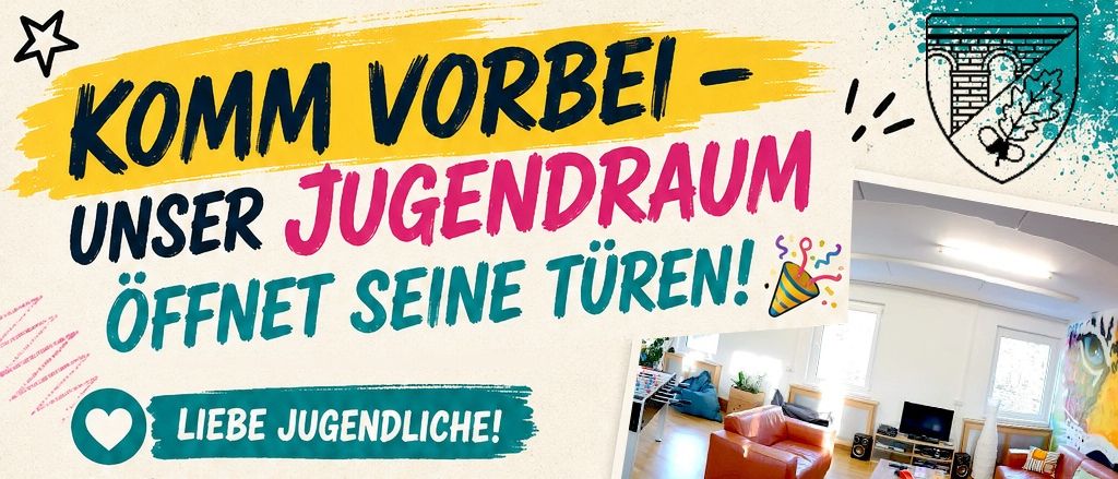 Plakat für einen Tag der offenen Tür in einem Jugendzentrum, der junge Leute einlädt, am 24. September 2026 von 16:00 bis 19:00 Uhr zu besuchen. Das Plakat zeigt ein Foto eines gemütlichen Wohnzimmers mit verschiedenen Möbeln und einem QR-Code für weitere Informationen.