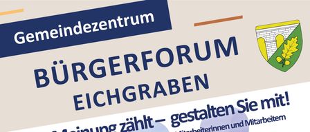 Plakat für das Bürgertreffen in Eichgraben am 15. September 2026 um 19:00 Uhr. Es zeigt eine Gruppe von Menschen in einer Diskussion mit Sprechblasen und betont die Bedeutung der Bürgerbeteiligung.