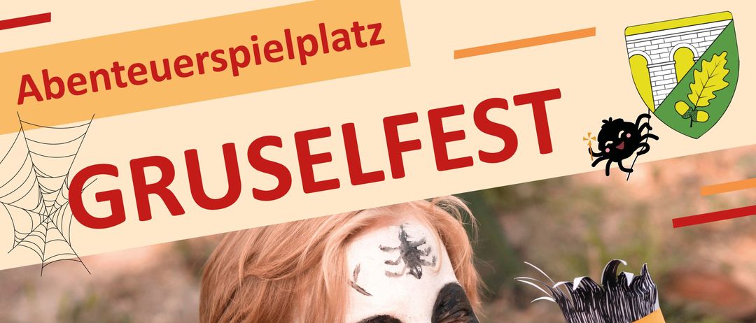 Ein Plakat für eine Halloween-Veranstaltung mit einem Kind mit Skelett-Gesichtsbemalung und einem Papiermonster in der Hand. Das Plakat enthält das Datum und die Uhrzeit der Veranstaltung.