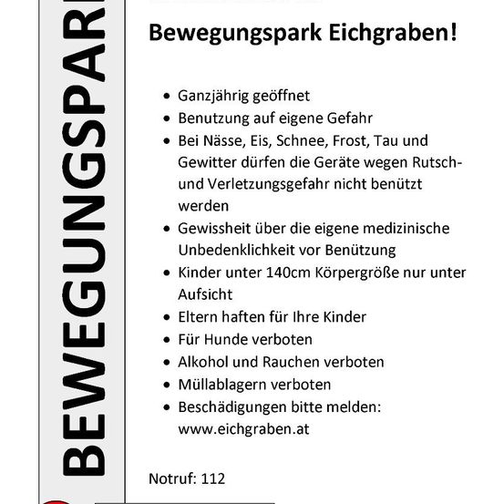 Eine Werbung für Eichgraben, einen Spielplatz mit Sicherheitshinweisen zu Wetterbedingungen, Kinderaufsicht und Verboten für Hunde, Alkohol und Rauchen. Sie bietet eine Kontaktmöglichkeit für Schäden.