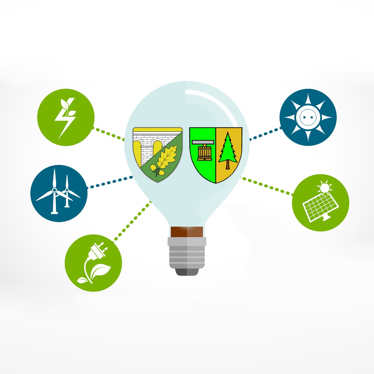 Illustration einer Glühbirne mit verschiedenen umweltfreundlichen Symbolen, darunter ein Blatt, eine Windturbine, ein Solarpanel und ein Gebäude.