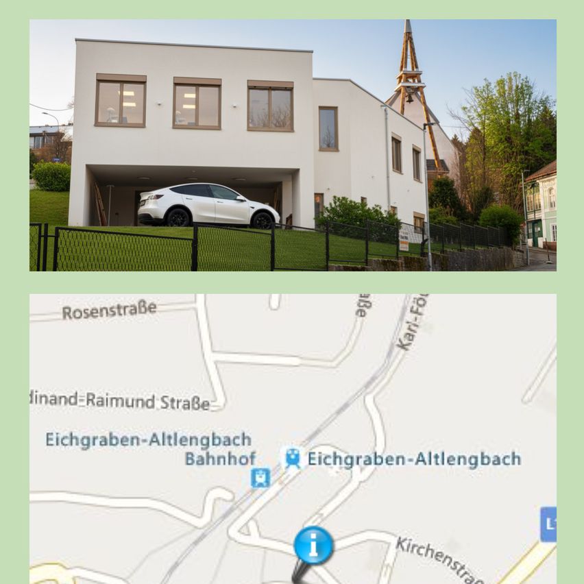 Ein modernes weißes Haus mit einem Tesla-Auto in der Garage geparkt. Es hat einen Kirchturm und eine Kirche im Hintergrund.