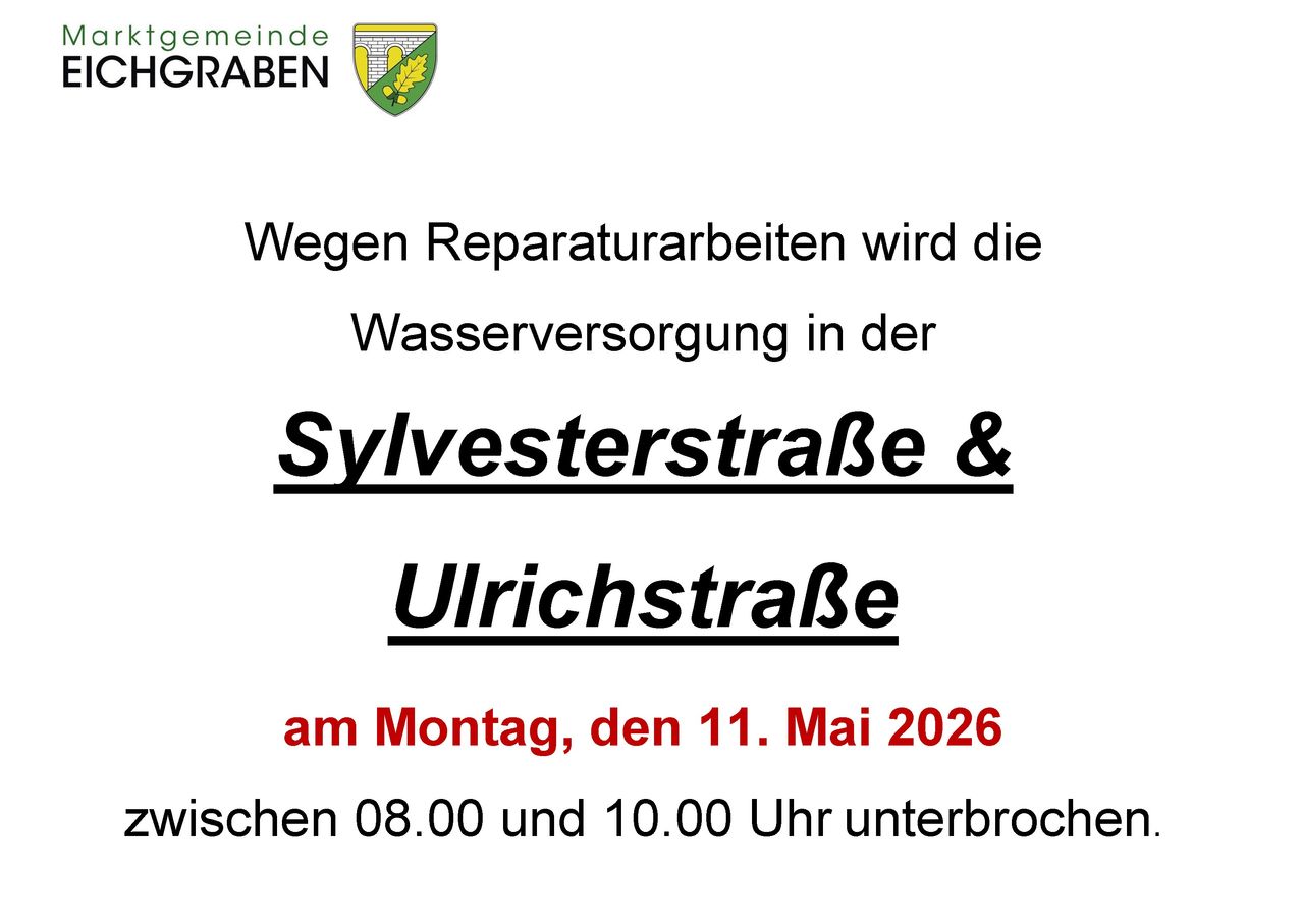 Due to maintenance work, the water supply in Sylvesterstraße and Ulrichstraße will be interrupted on Monday, May 11, 2026, from 8:00 to 10:00 AM.