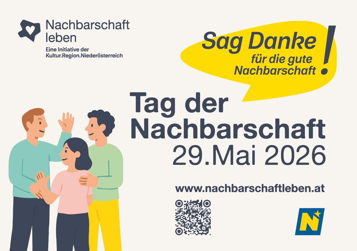 An illustration shows three people waving. The title reads: Tag der Nachbarschaft 29.Mai 2022. QR code.