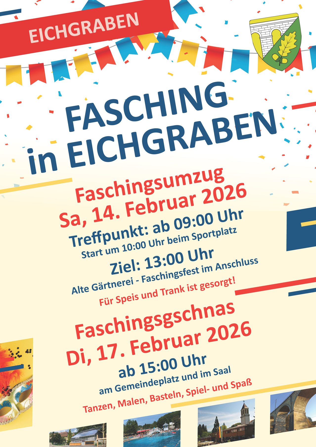 An announcement for Fasching in Eichgraben. The event is scheduled for February 14, 2026. The meeting point is at 09:00 AM at the sports field. The start time is 10:00 AM. The target time is 13:00 PM. Food and drinks are provided.