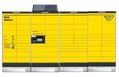 Ein gelber Post-Schließfach mit dem Wort Post-Station oben, mit einem Solarpanel auf dem Dach und einem digitalen Display und Kartenleser in der Mitte.