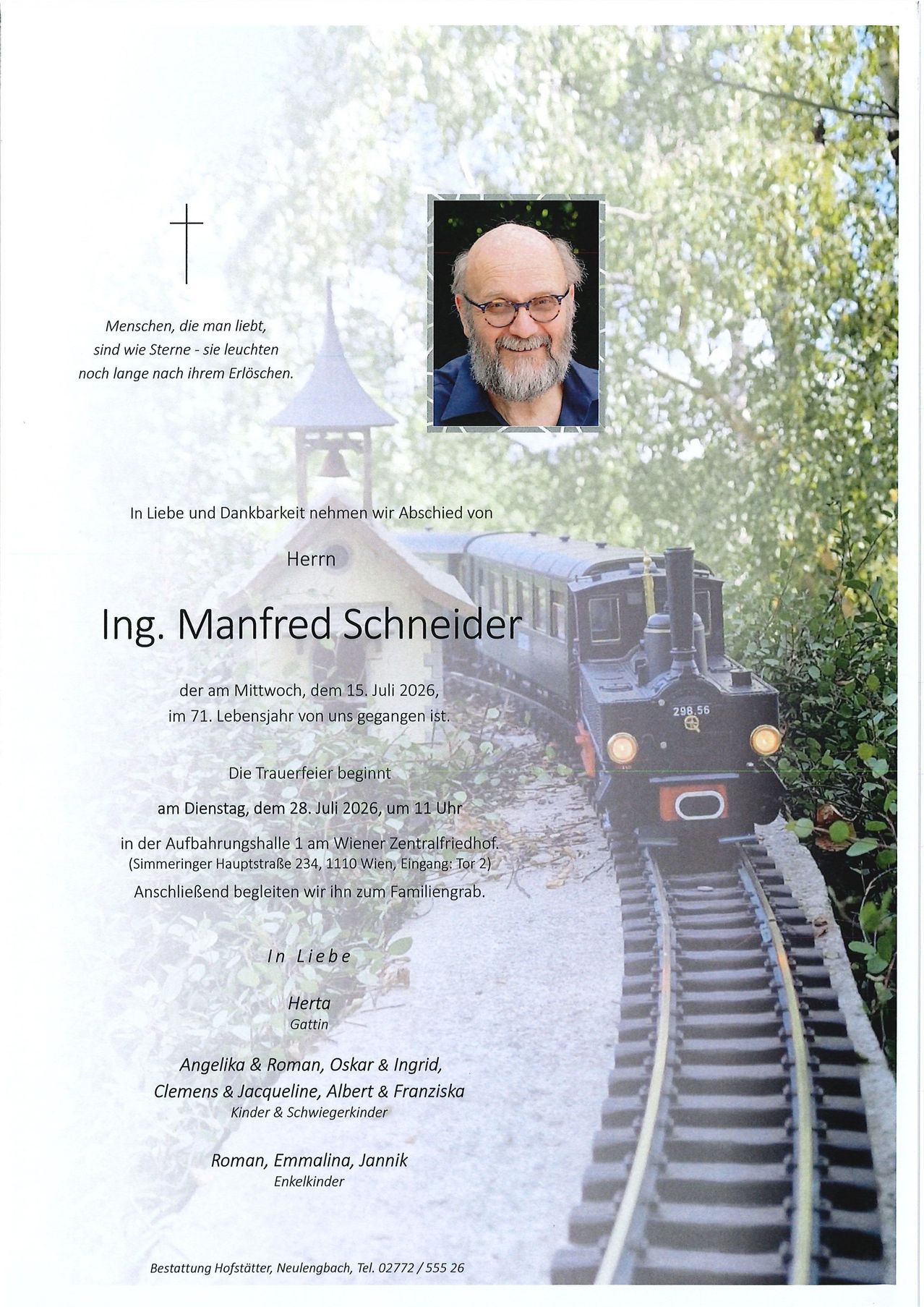 Ing. Manfred Schneider, Verstorbener, mit Modellzug und Glockenturm in Wien