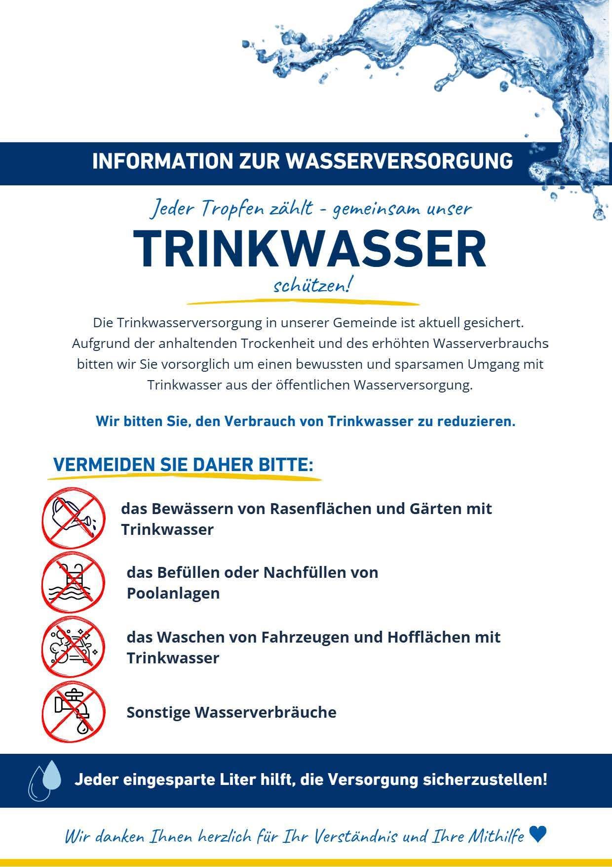 An informational poster about water conservation in a community, highlighting the importance of reducing drinking water usage due to drought and high consumption. It lists activities to avoid, such as watering lawns and filling pools with drinking water.