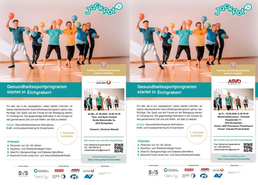A group of people in a gym, holding blue and orange balls, are participating in a fitness class. The image is divided into two sections, each with a different group of people. The text on the image reads 'Gesundheitssportprogramm Startet in Eichgraben!' and 'Einsatz und Schnuppertraining jederzeit möglich!'. The image also includes a QR code and a website address.