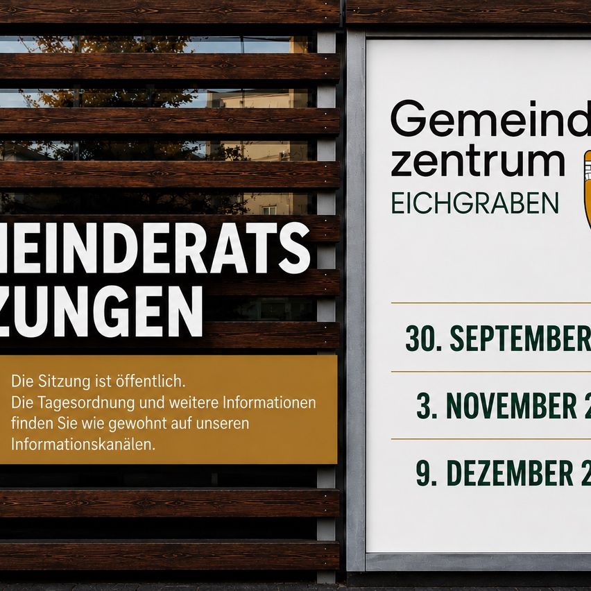 A sign for the community center Eichgraben with dates for council meetings. The sign is mounted on a wooden panel.
