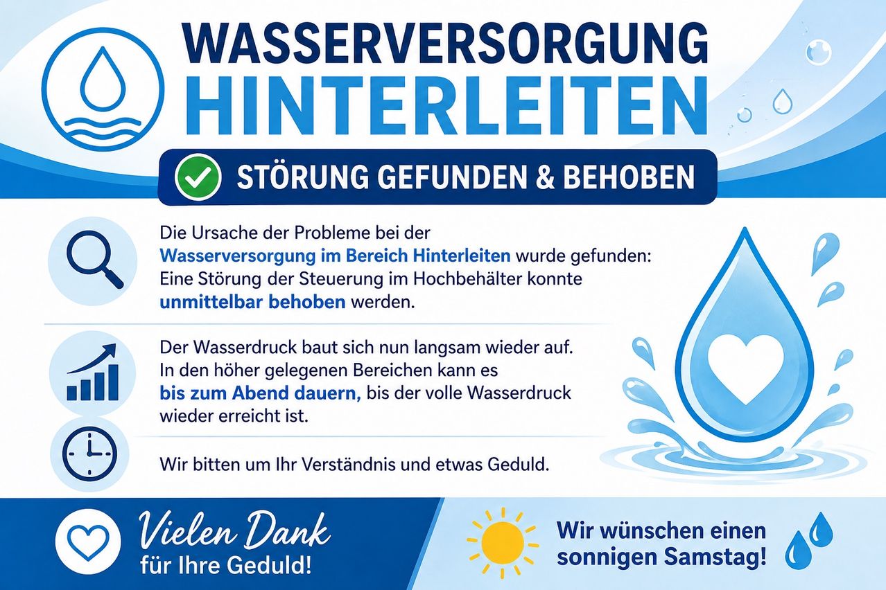 An advertisement for Hinterleiten water supply shows a check mark with the text 'Disturbance found and resolved'. It explains that a steering issue in the high-pressure tank was found and resolved immediately. The water pressure is slowly returning. In higher areas, it may take until evening for full pressure to return. The message asks for understanding and patience.