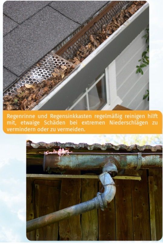 A gutter filled with leaves and debris on a house roof with a caption in German below it.