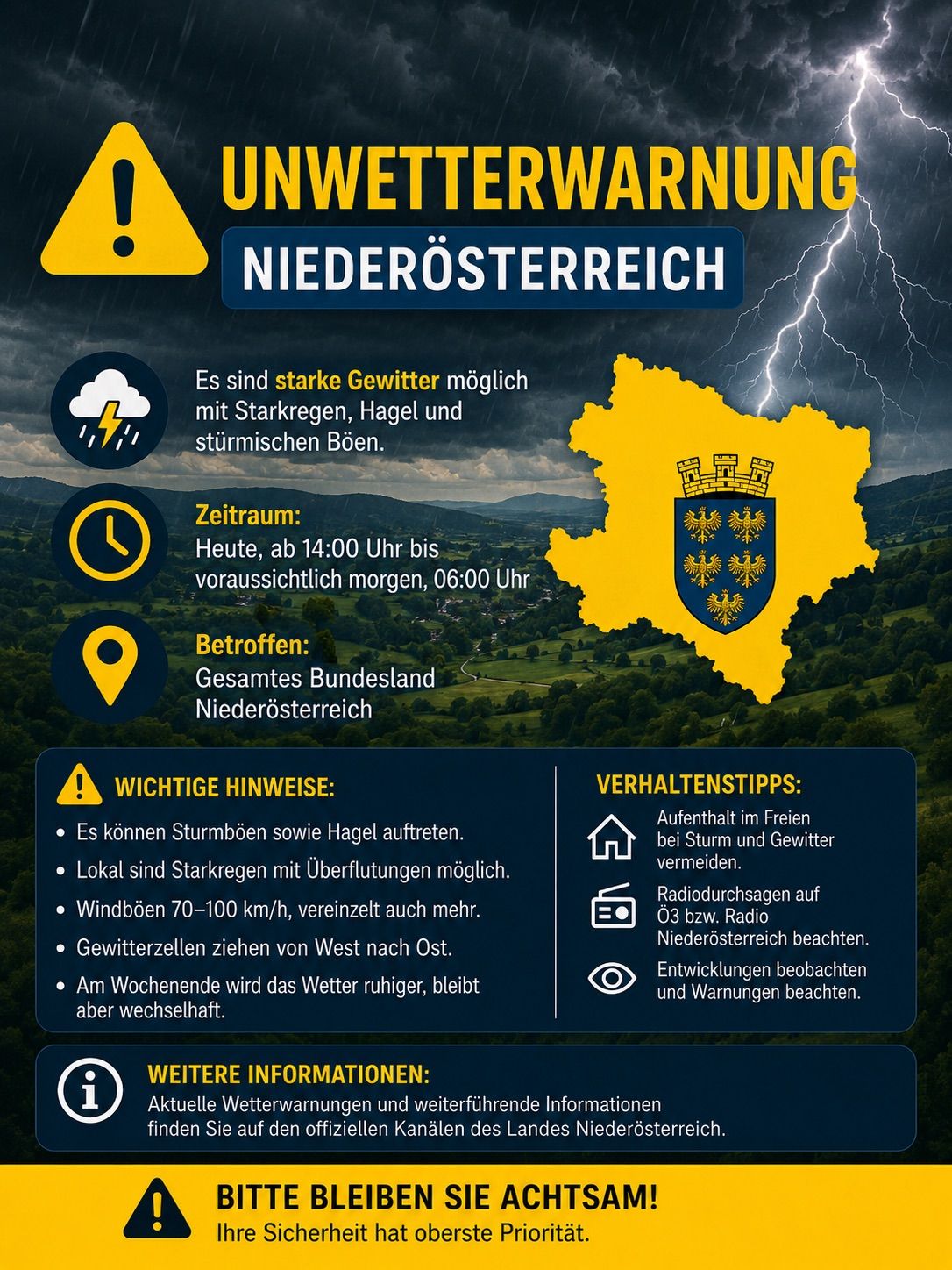 Unwetterwarnung für Niederösterreich. Starke Gewitter mit Starkregen, Hagel und stürmischen Böen sind möglich. Zeit: Heute ab 14:00 Uhr bis voraussichtlich morgen 06:00 Uhr. Betroffener Bereich: Ganzes Bundesland Niederösterreich. Wichtige Hinweise: Bei Sturm und Gewitter im Freien bleiben. Radiodurchsagen auf Ö3 bzw. Radio Niederösterreich beachten. Entwicklungen beobachten und Warnungen beachten.